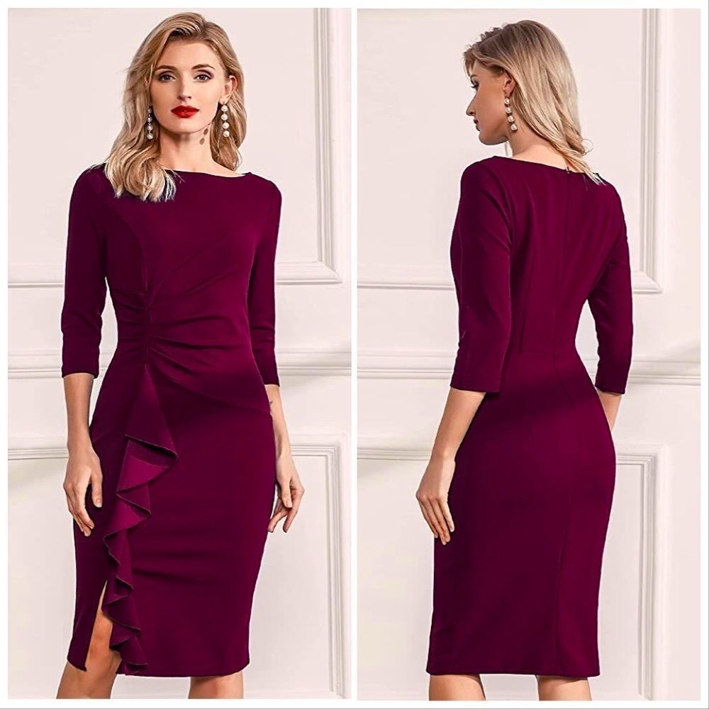 NWT! BOUTIQUE ANGELA RUFFLE BODY-CON MIDI DRESS IN BURGUNDY-SIZE MEDIUM